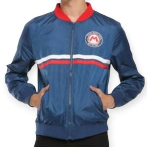 Boxlunch Super Mario Navy Blue Bomber Jacket with Red Accents Sz.L EUC